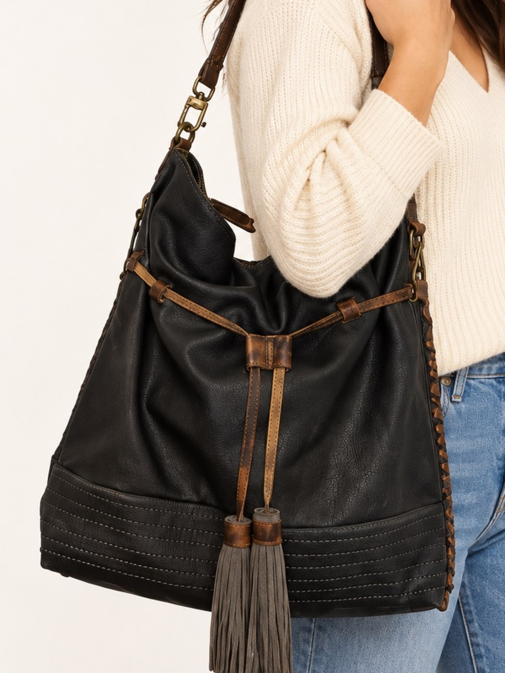 Moda Luxe Black Faux Leather & Brown Leather Trim Hobo Shoulder Bag Boho